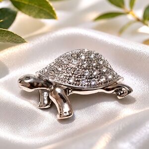 Vintage Silver Tone Pave Rhinestone Turtle Brooch Pin